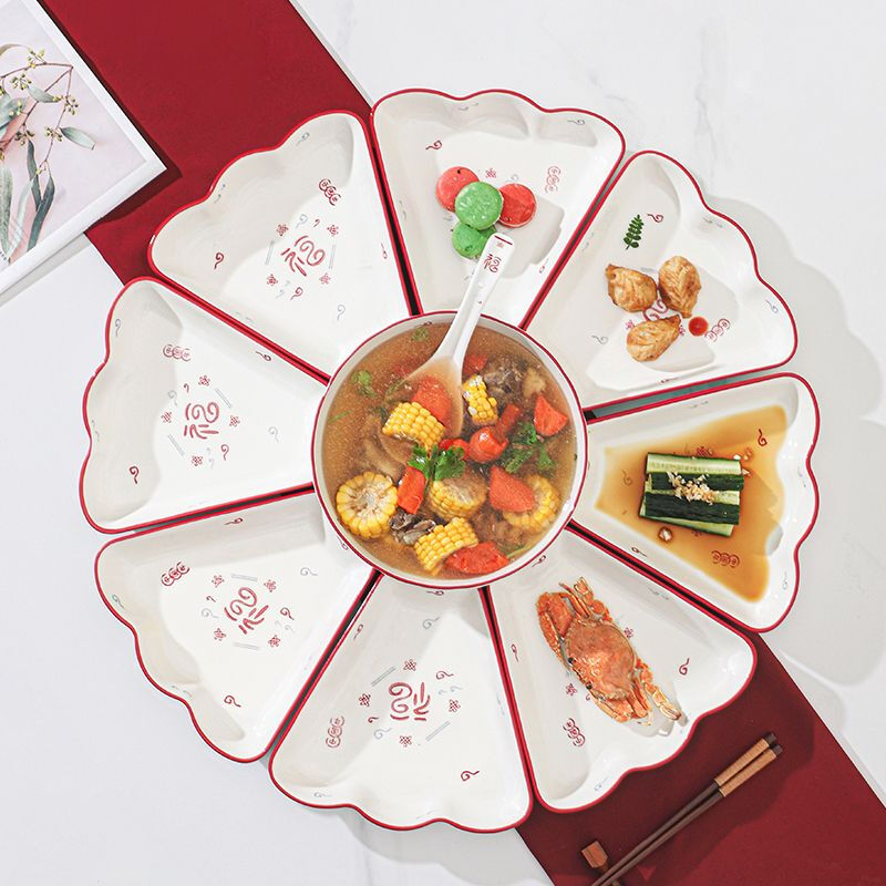Ceramic Platter Reunion Dishes Dinner Set Tableware Internet Celebrity Home Combination Creative Plate Round Table Dish Plate Happy Year Platter Gift Box Set
