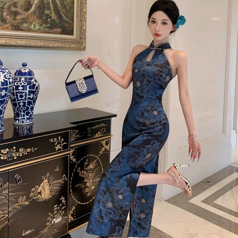 Feiyao cheongsam new Chinese style national style satin print improved cheongsam sleeveless slim waist sexy dress long skirt dark blue M length 106cm, bust 84cm