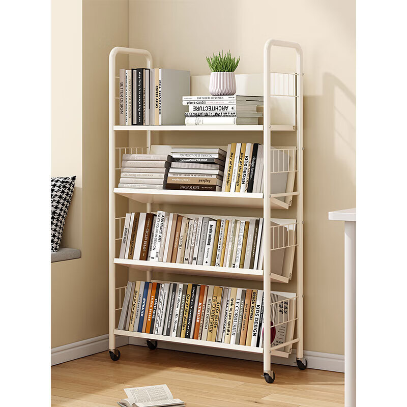 Mobile bookshelf with wheels floor-standing baby and children's picture book shelf simple iron small low bookcase student bedside bookshelf ZSZW01 milk white 3 layers