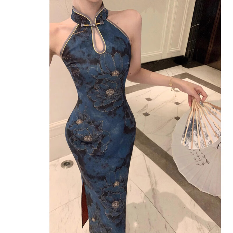 Feiyao cheongsam new Chinese style national style satin print improved cheongsam sleeveless slim waist sexy dress long skirt dark blue M length 106cm, bust 84cm