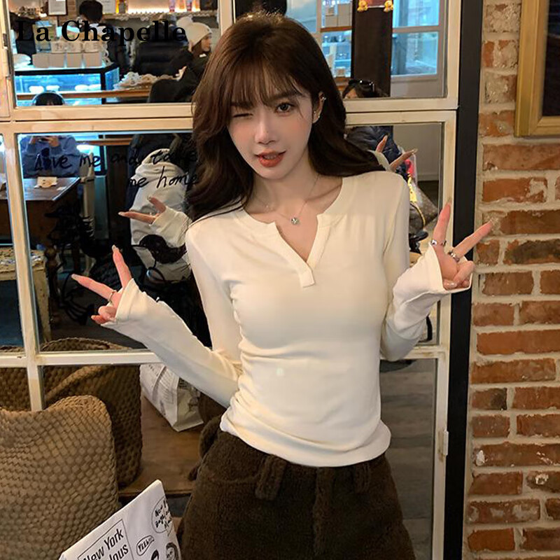 La Chapelle V-neck long-sleeved bottoming shirt for women in autumn and winter, right shoulder, slim fit, pure lust design, inner T-shirt, white L