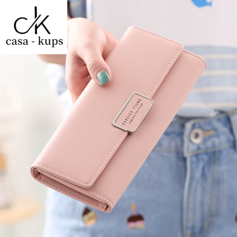 Casa-kupsCK new Korean style simple and fashionable women's long wallet large capacity multi-card slot folding niche design wallet pink