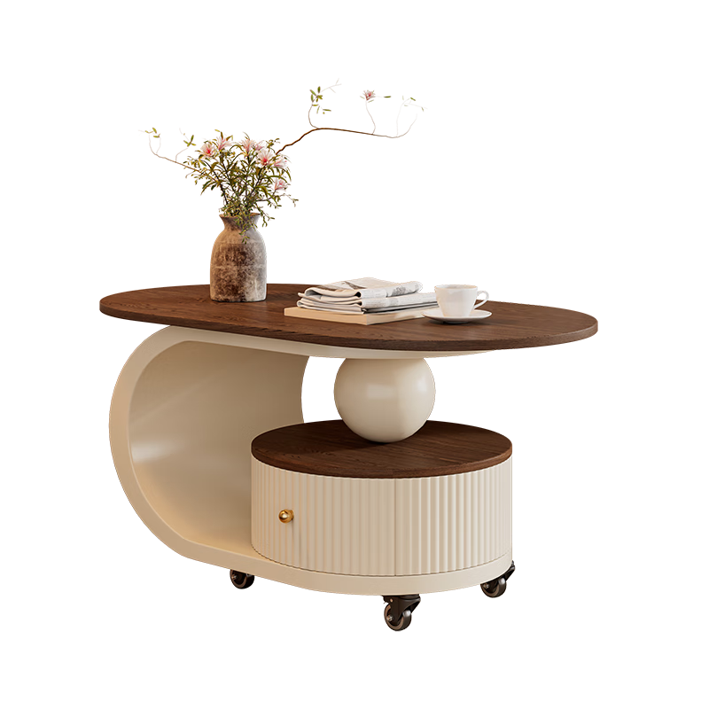 Yudianguan modern simple solid wood medieval style coffee table living room light luxury high-end movable small coffee table small apartment sofa side table apricot frame apricot cabinet walnut color countertop length 90*width 45*height 45cm