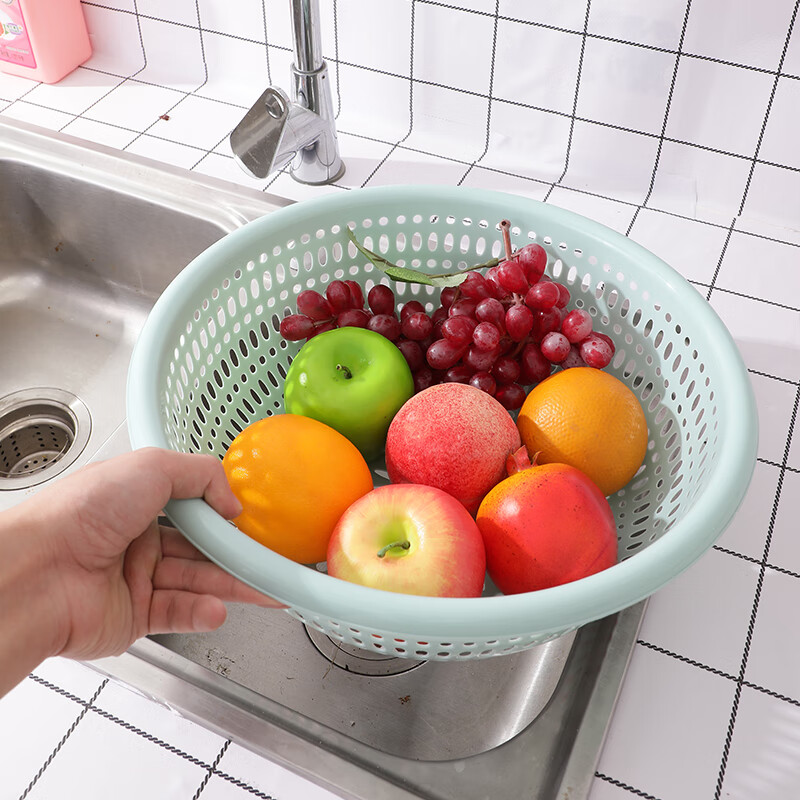 Fruit and vegetable plastic drain basket hollow kitchen durable new household vegetable basket vegetable basket fruit basket drain screen light blue small + medium + large + extra large four