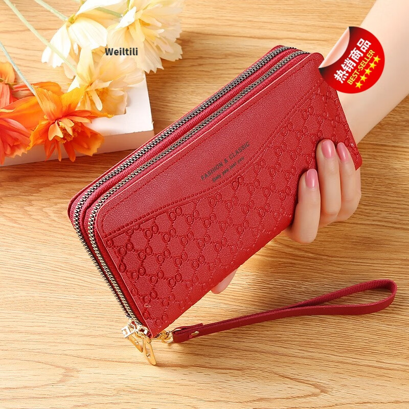 Weiltili 2024 New Women's Wallet Long Large Capacity Double Zipper Hand Wallet Women's Double Layer Clutch Bag Wallet Bag Dark Pink