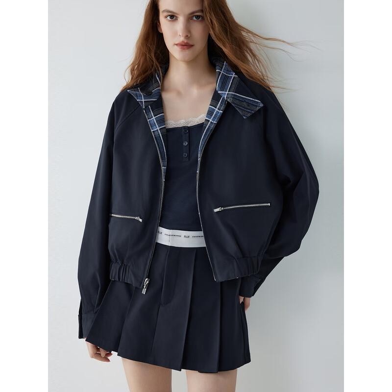 ELLE Navy Blue Plaid Reversible Short Jacket Women's 2025 Autumn New Casual Loose Design Top Navy S