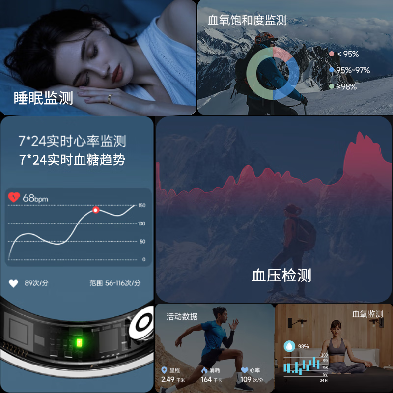 NUIBC smart ring Ring measures blood sugar, blood pressure, heart rate, sleep, blood oxygen, black technology ring, sports steps, circle of friends and relatives, remote care, Huawei, Samsung, Xiaomi, universal, black size 10, finger circumference 62.1mm, recommended 70-75kg