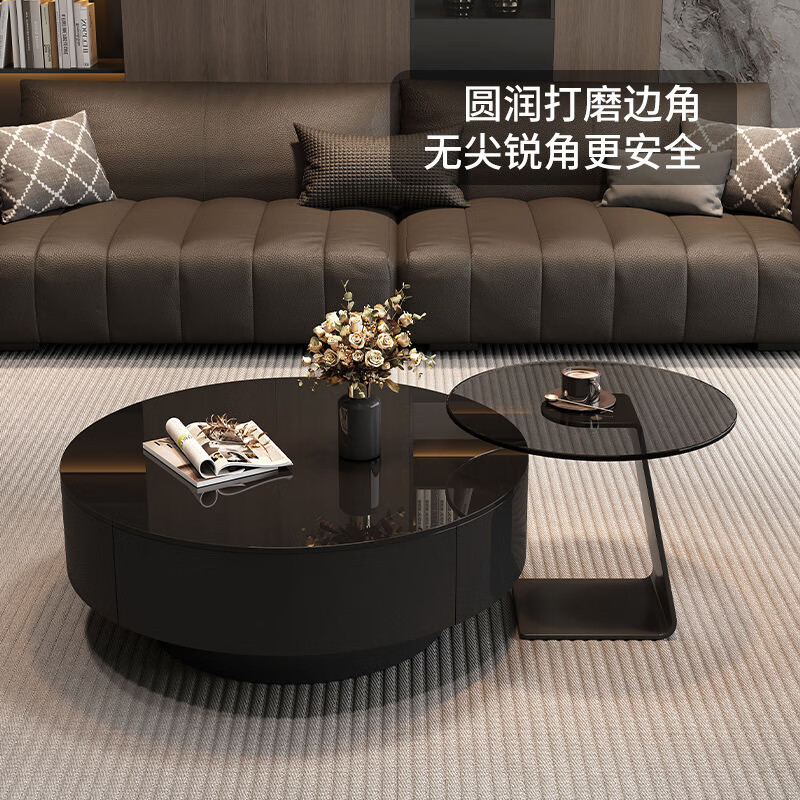 Hua Beisen coffee table black glass Italian minimalist slate living room home light luxury high-end simple round combination Baoge black glass surface + gray glass 80+50 cabinet shipped as a whole