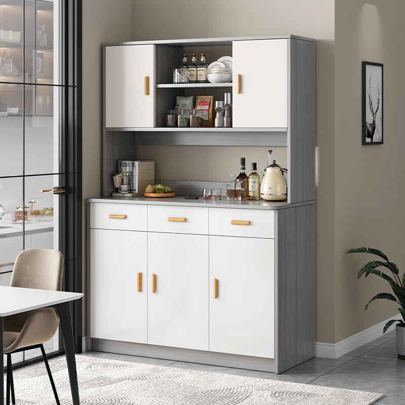 Gujia Home Living Room Sideboard Against the Wall Integrated Small Apartment Storage Cabinet Kitchen Multi-Function Shelf Cabinet Wine Cabinet Tea Heightened Shelves Model Owen Gray Gray and White 120C