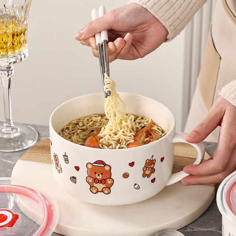 Ceramic instant noodle bowl with lid lunch box office worker lunch box microwave oven special sealed soup bowl fresh-keeping bowl with handle milky white cat 6 inches