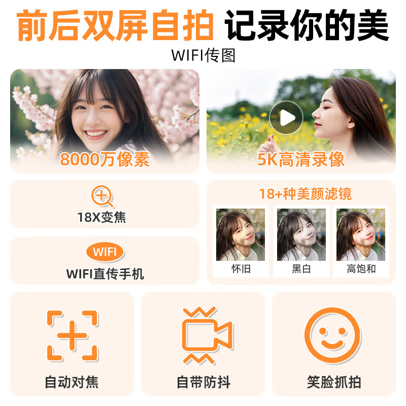 Bansy high-definition mirrorless digital camera CCD replacement student entry-level high-pixel transferable mobile phone wifi campus high school students travel portable vlog small card machine selfie camera dual-screen selfie 128G memory card + wifi image transfer + fill light