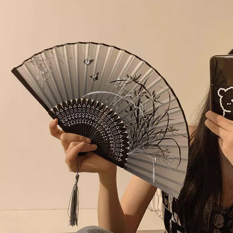 Wilkie fan ancient style folding fan dance fan cyan cheongsam fan high-end exquisite classical Chinese style folding fan orchid fan ancient style ink folding fan