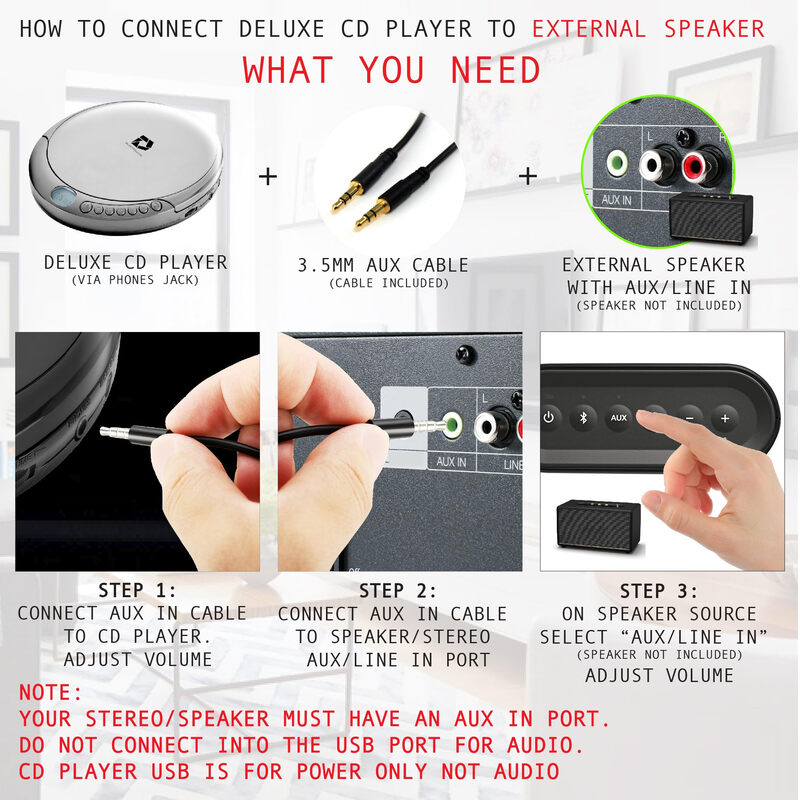 Deluxe Products Deluxe Portable CD Player 60 Seconds Anti-Bounce CD/CD-R/CD-RW Headphones/AUX Home Car DP-PCD-001-SIL Silver Silver