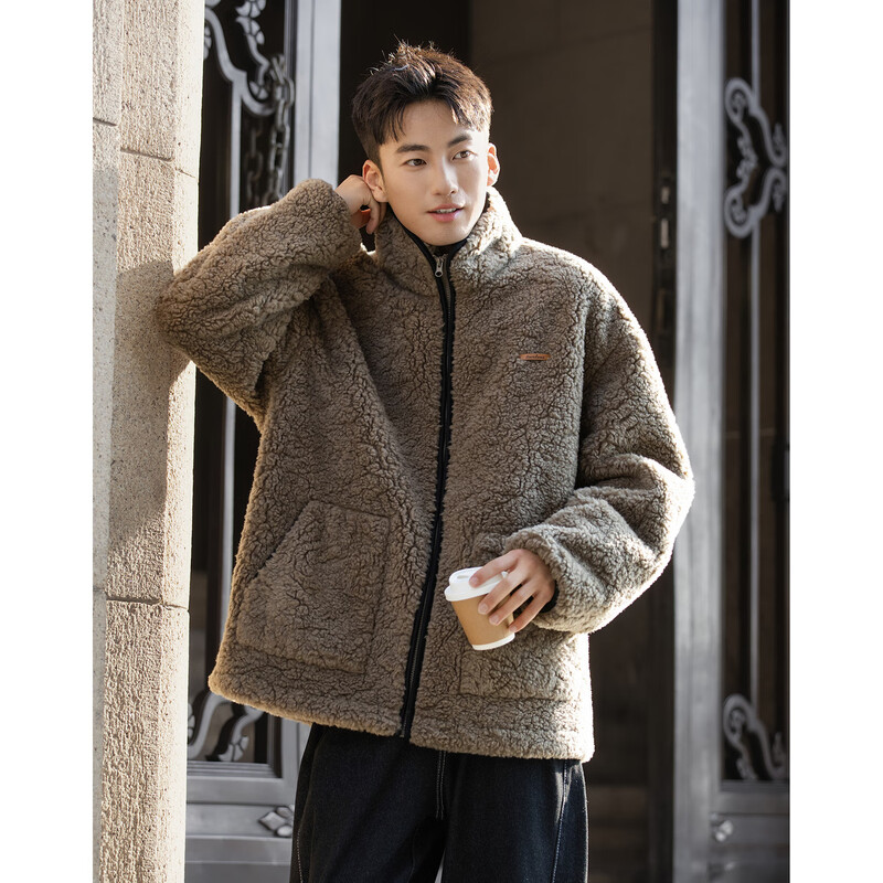 TonLion 2025 Winter Men's Stand Collar Contrast Color Trimmed Imitation Lamb Wool Thick Jacket