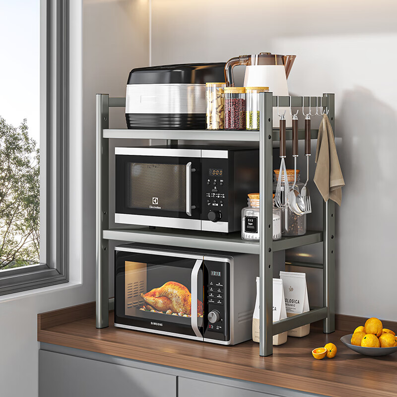 Kexiangtu kitchen microwave oven rack retractable household double-layer oven rack countertop tabletop rice cooker storage rack black single layer-fixed version bold and thickened with hook