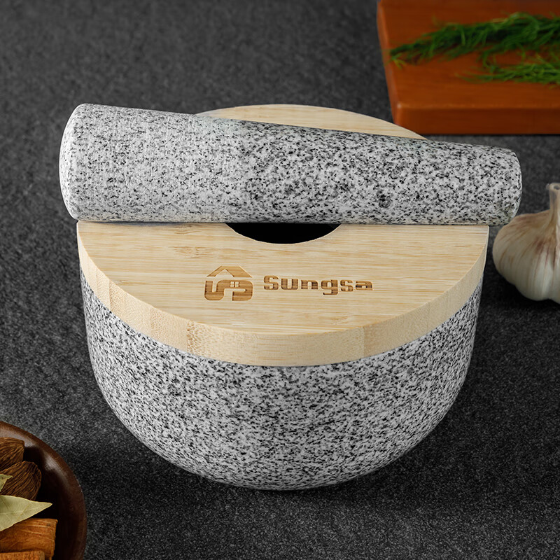 Home KATEI STORY Japanese garlic mash stone mortar granite garlic mortar manual pounding bowl garlic paste Chinese medicine grinder with cover splash-proof and dust-proof granite grinding stone mortar set