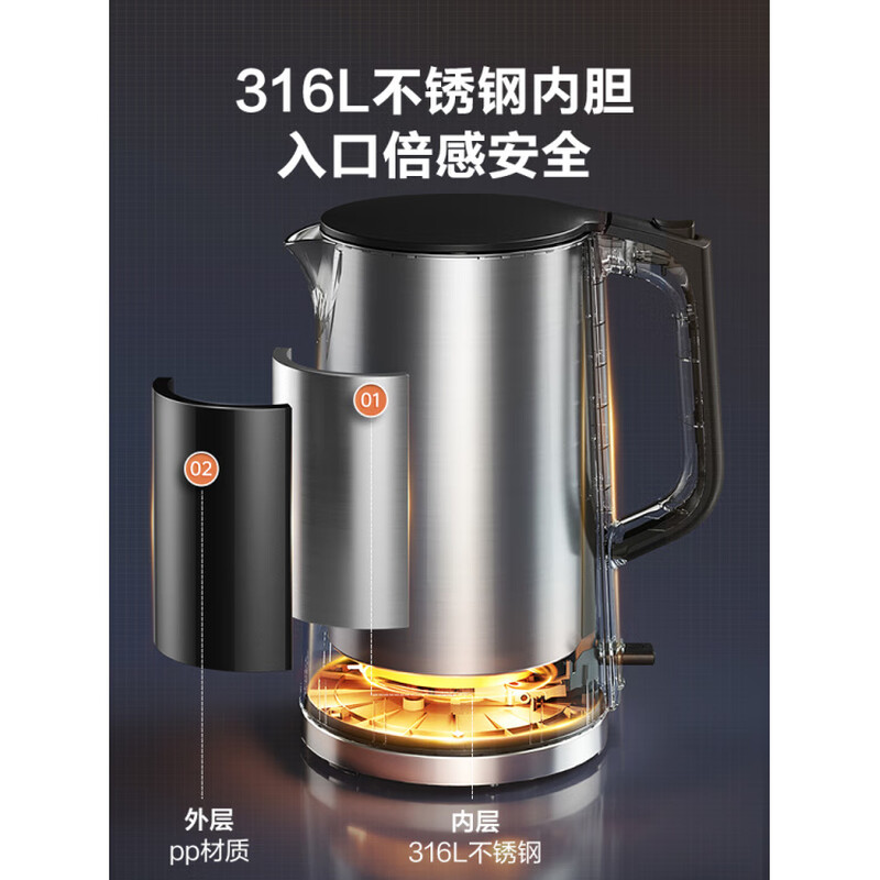 SUPOR electric kettle kettle household 316 stainless steel kettle large capacity automatic power off deep space gray SW-17J12P 1.7L