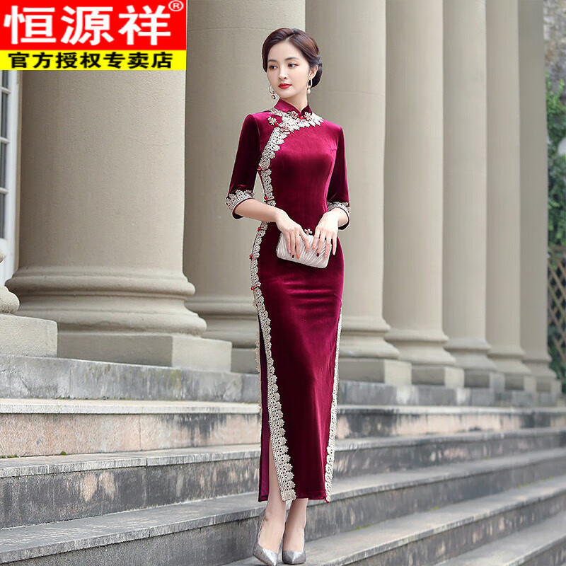 Hengyuanxiang gold velvet cheongsam burgundy 2025 new improved Chinese style women's long mother's dress wedding banquet autumn burgundy gold velvet L 103-113 catties
