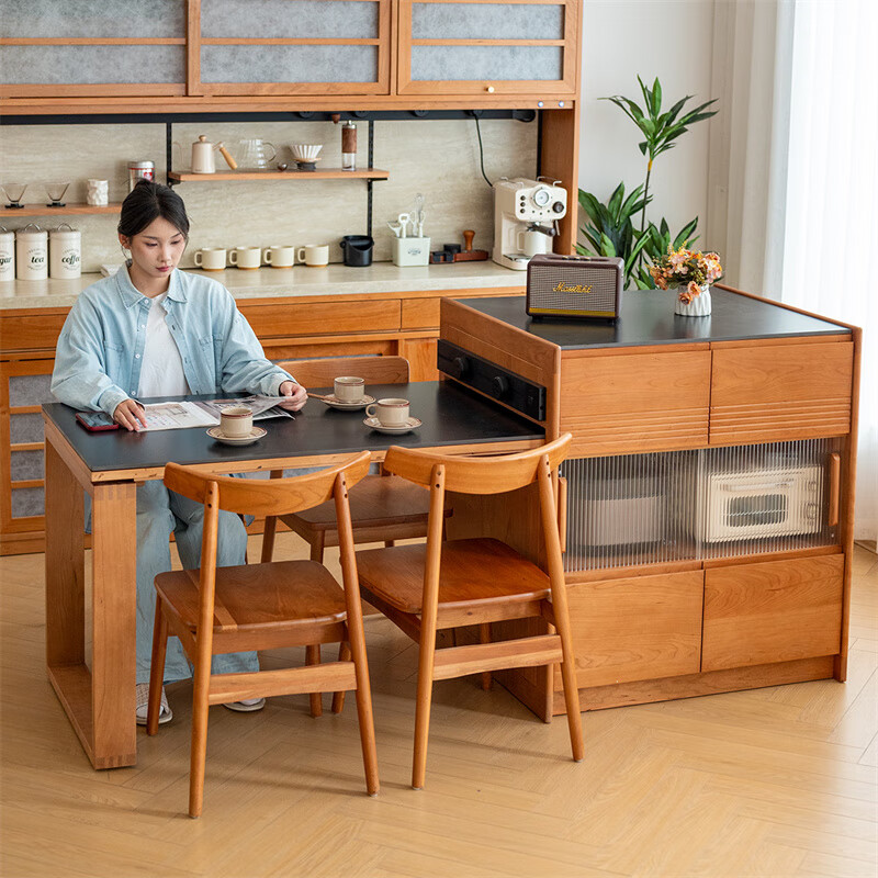 His Highness's Nordic solid wood island dining table Japanese style telescopic integrated cherry wood small apartment bar slate storage sideboard