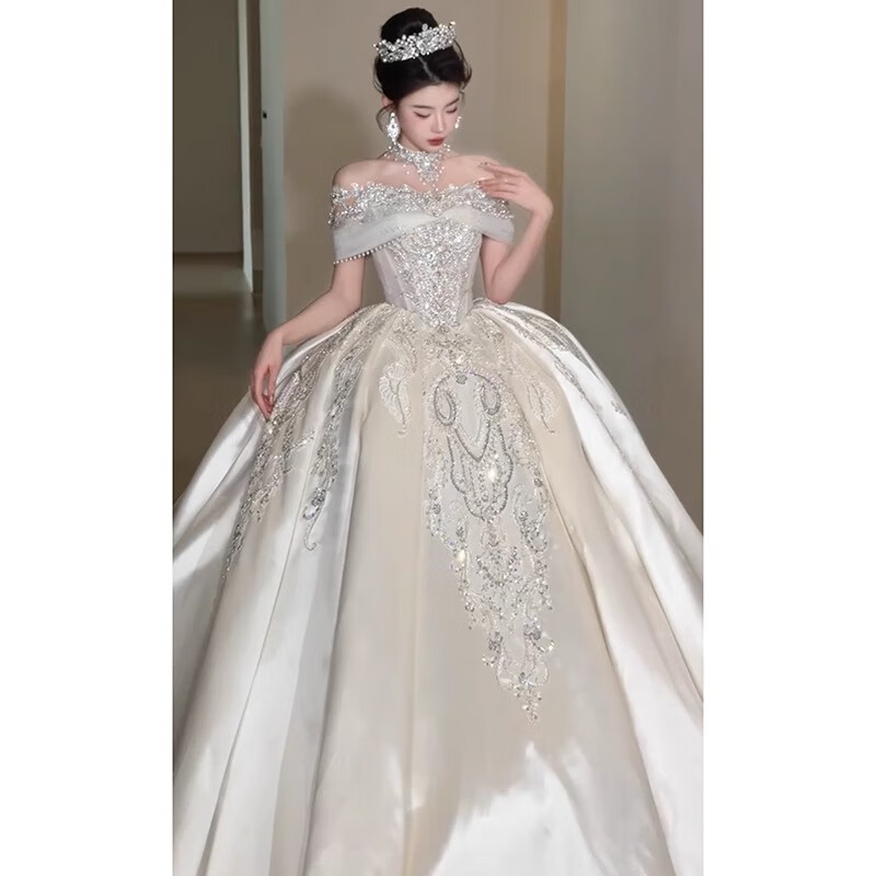 Rich collar French wedding dress bridal main yarn one-shoulder fugitive princess 2025 new textured dress satin style trailing three-piece set L