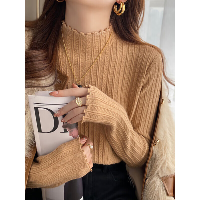 Xinnan autumn and winter style is gentle and versatile, fashionable for outer wear and inner wear, new half-high collar, fungus edge knitted long-sleeved student student, apricot color bottoming shirt, one size fits all, 90-130 pounds