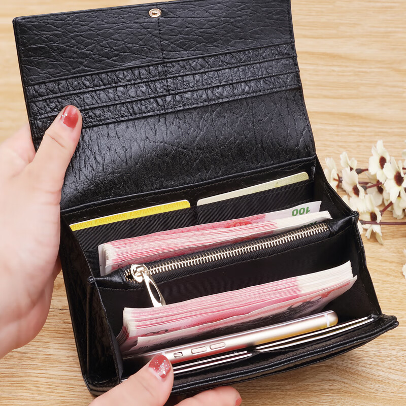 Kangaroo Women's Wallet Women's Long Genuine Leather Cowhide Large Capacity Multi-Function Clutch Women's Multiple Card Slots Korean Style Fashion Wallet Midnight Black (Cowhide Inside and Out)