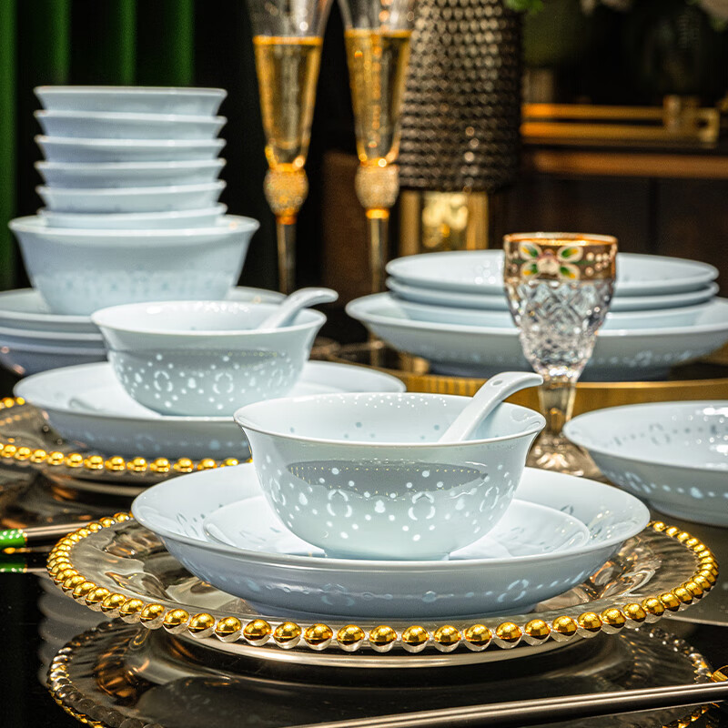 Han Ming Jingdezhen celadon bowl set high-end underglaze color simple housewarming gift tableware thick household bowl and plate set