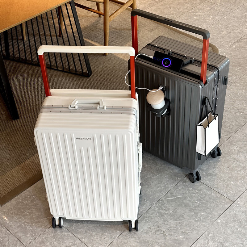 Charles heart-loving, good-looking, large-capacity, thickened aluminum frame travel suitcase, universal wheel trolley case, wide trolley, white thickened aluminum frame, wide trolley, cup holder, USB 20 inches