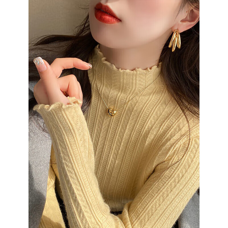 Xinnan autumn and winter style is gentle and versatile, fashionable for outer wear and inner wear, new half-high collar, fungus edge knitted long-sleeved student student, apricot color bottoming shirt, one size fits all, 90-130 pounds