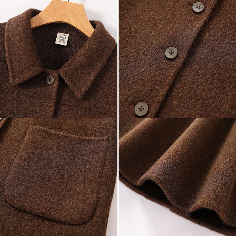 Qianbainian 100% sheep wool double-sided woolen coat for women autumn and winter new style small lapel single-breasted mid-length coat carbon black M