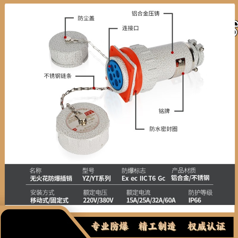 IIC explosion-proof non-sparking socket explosion-proof plug industrial connector fixed single-phase three-level mobile explosion-proof socket mobile set (male + female) three-phase five-pole (5 cores)_60A