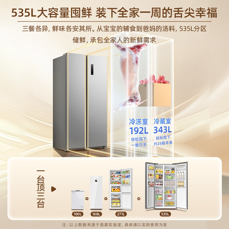 MeiLing Storage Division 535 liter side-by-side refrigerator household first-class energy efficiency 0.1 variable frequency ultra-thin air-cooled frost-free antibacterial and odor-free large capacity BCD-535WKPCX national subsidy