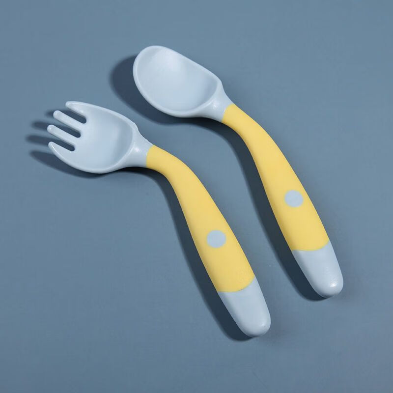 Deluxe Twisted Spoon Baby Learning to Eat Training Spoon and Fork Bendable Baby Elbow Fork and Spoon Practice Chopstick Baby Meal Locke Yellow Flexible Spoon + Fork