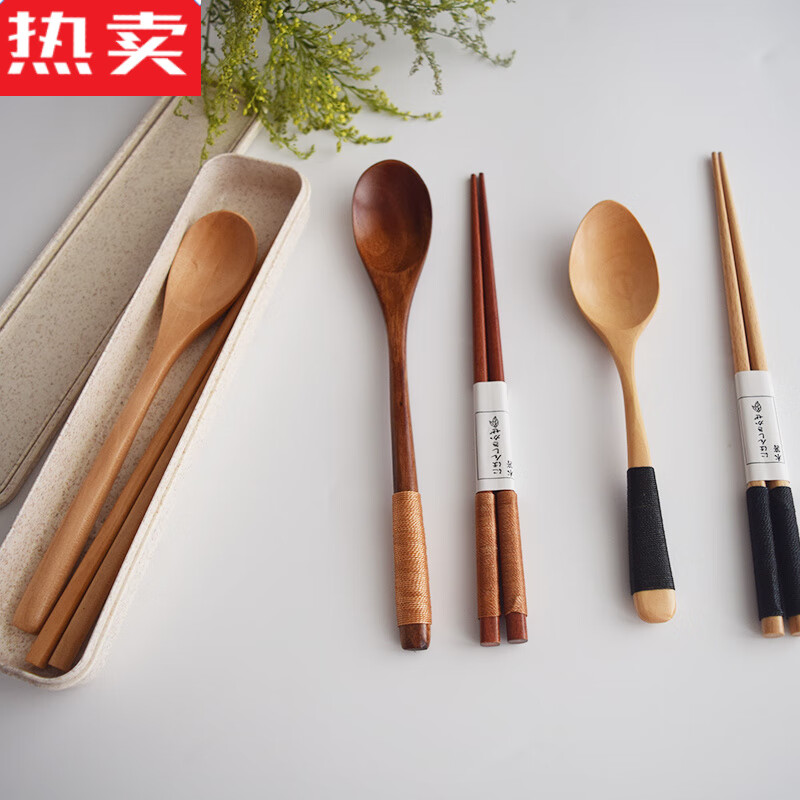 MZXM Japan imported quality box natural log chopsticks spoon set wooden portable outdoor camping tableware student package one