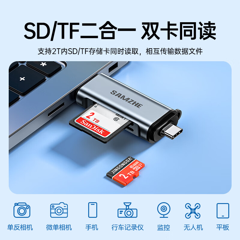 Shanze dual-card simultaneous reading USB/Type-C card reader 3.2 high-speed SD/TF multi-function in one suitable for mobile phone/Apple 17/computer/camera ccd drone monitoring