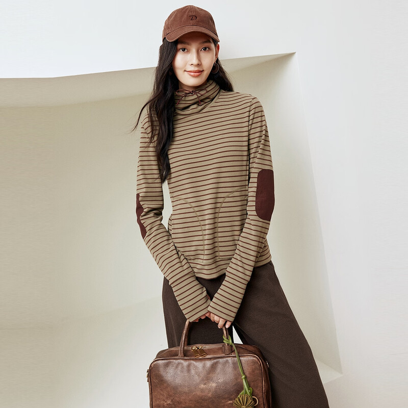 FIRSTSTATION FS Fashion High Collar Striped Slim Long Sleeve Bottoming Shirt Women's 25 Winter New Style 5521A Green M