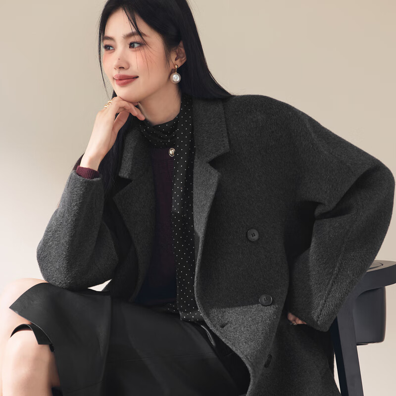 Eveli Jiang Xin endorses the store's popular camel hair mulberry silk high-end double-sided woolen coat wool coat for women winter dark gray S 90-115 catties