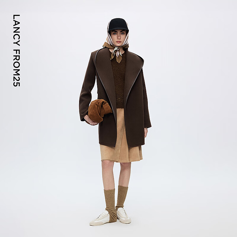 Langzi wool hooded lapel double-sided woolen coat, temperament and high-end woolen coat for women, 2025 winter new style, dark coffee color S