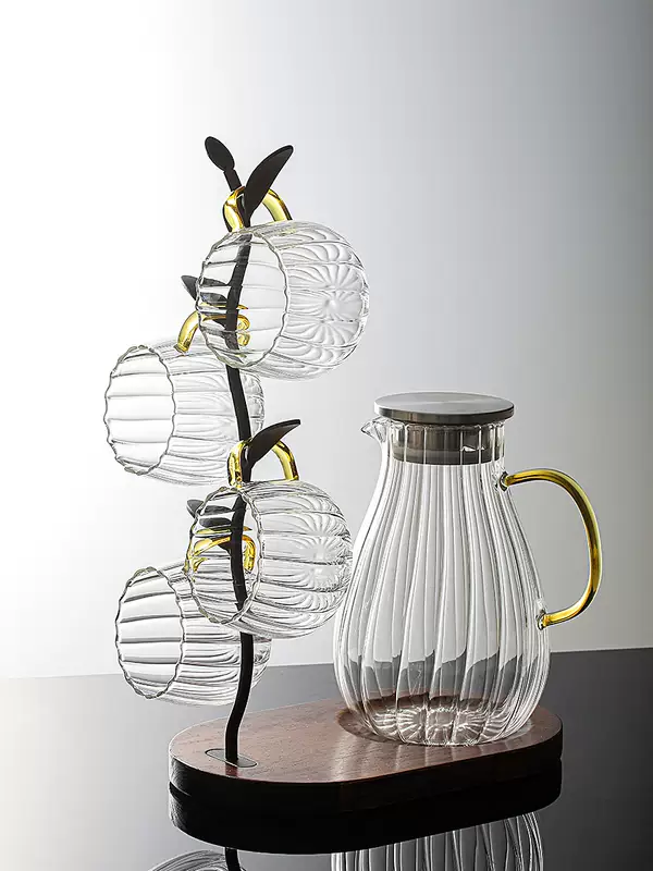 Yusenyi hot and cold glass high temperature resistant household cold water luxury hot water kettle light kettle living room high pot value water cup water set champagne color one pot 4 cups - solid wood combination rack 126 4ml