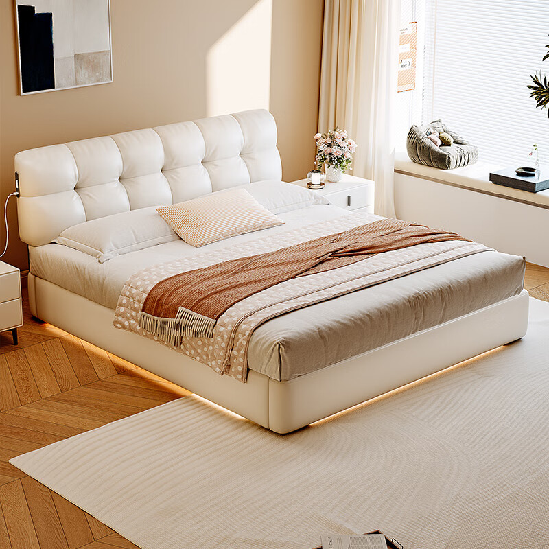 Winter Bear Puff Leather Bed Ultra-Thin Bedside Small Apartment Space-Saving Double Master Bedroom Cream High Box Sliding Storage Bed Ecological Leather Bed/Full Solid Wood Beech Rib Frame + 5-Star Mattress 1800mm*2000mm Frame Structure