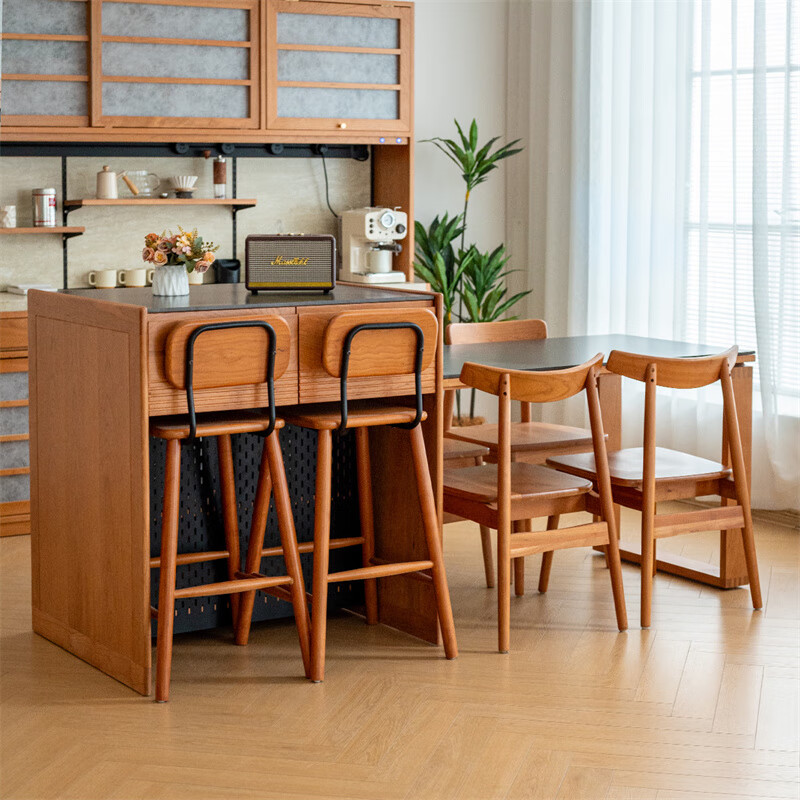His Highness's Nordic solid wood island dining table Japanese style telescopic integrated cherry wood small apartment bar slate storage sideboard