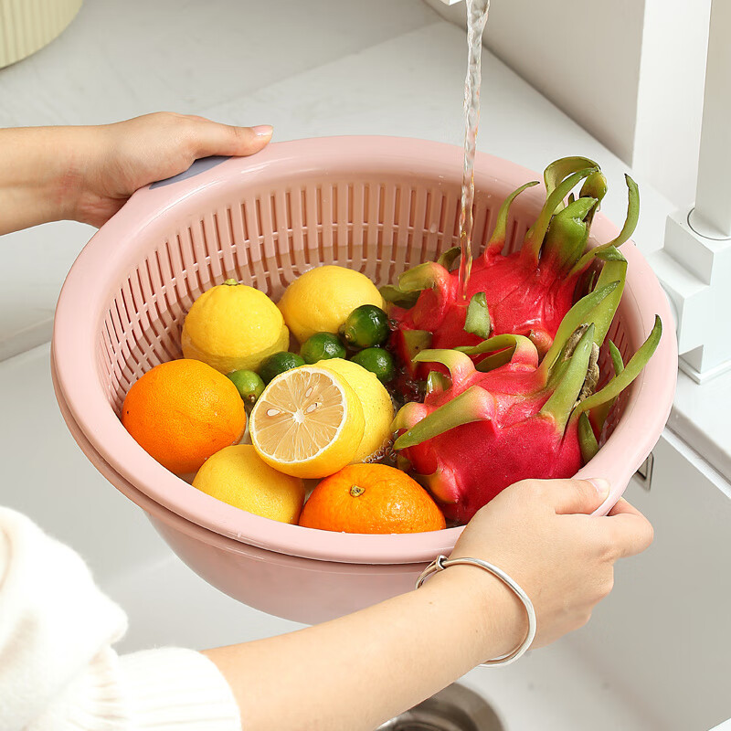 Fat Donglai double-layered dishwashing basin drain basket kitchen extra-large round dishwashing basket household water small double-layered pink 31.5*12cm