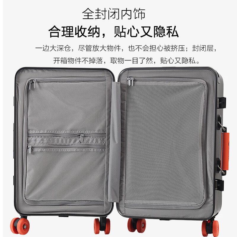 World Geographic 2025 New German Aluminum Magnesium Alloy Suitcase Wide Trolley Travel Bag Aluminum Frame Universal Wheel Trolley Case Password Interstellar Titanium Gray with Emma Orange 20 Inch (Carry-on Case)