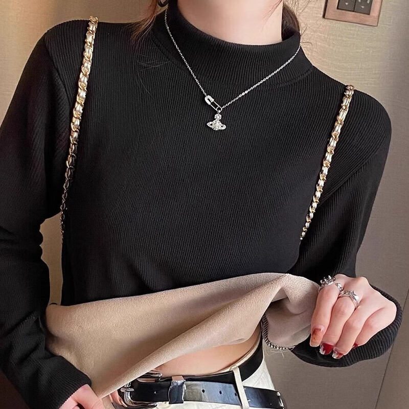 Velvet bottoming shirt for women in winter, high-end and thickened, 2025 new style, stylish inner half turtleneck, warm stand-up collar top, off-white L 100-120 catties