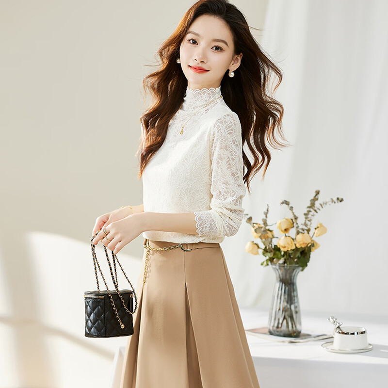 Hangyige hollow lace bottoming shirt, autumn and winter, western style, slimming, discreet, high collar, fashionable inner long-sleeved shirt, off-white M (85-100)