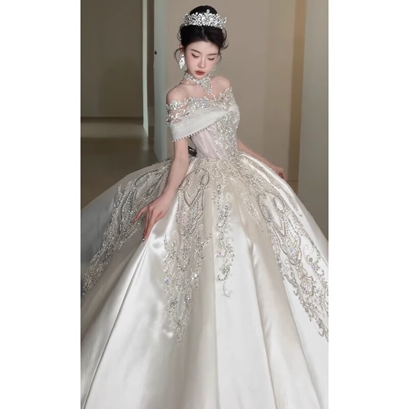 Rich collar French wedding dress bridal main yarn one-shoulder fugitive princess 2025 new textured dress satin style trailing three-piece set L