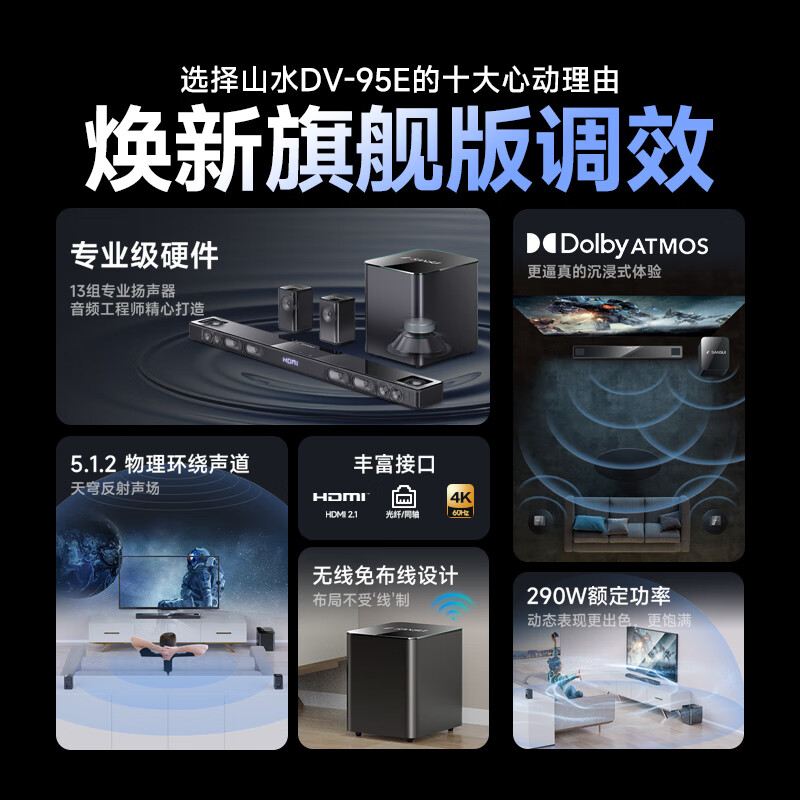 SANSUI DV-95E Echo Wall TV Speaker 5.1.2 Dolby Atmos Home Theater Home KTV Set Smart Bluetooth Home Karaoke with Microphone