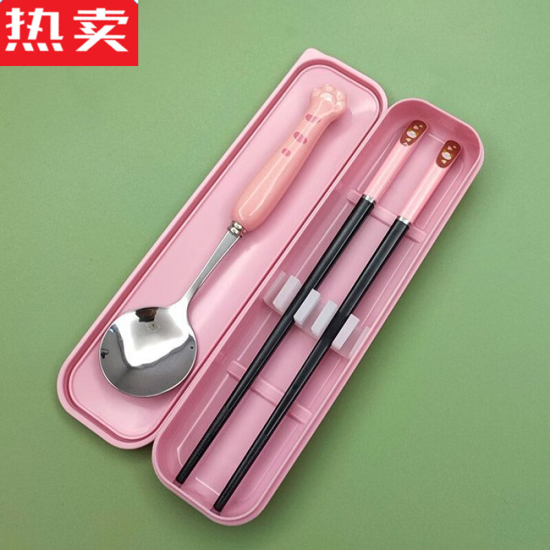 MZXM Japan imported quality primary school student cartoon chopsticks and spoon set cute children's portable stainless steel tableware three pieces color box blue radish + cat chopsticks