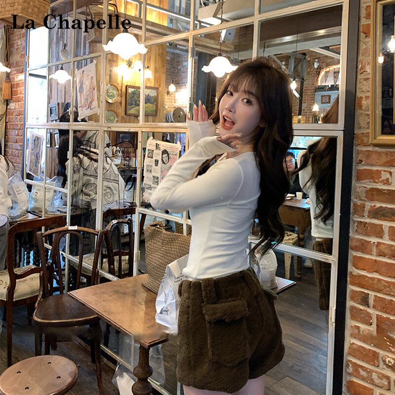 La Chapelle V-neck long-sleeved bottoming shirt for women in autumn and winter, right shoulder, slim fit, pure lust design, inner T-shirt, white L