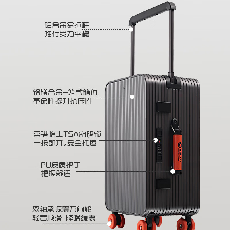 World Geographic 2025 New German Aluminum Magnesium Alloy Suitcase Wide Trolley Travel Bag Aluminum Frame Universal Wheel Trolley Case Password Interstellar Titanium Gray with Emma Orange 20 Inch (Carry-on Case)